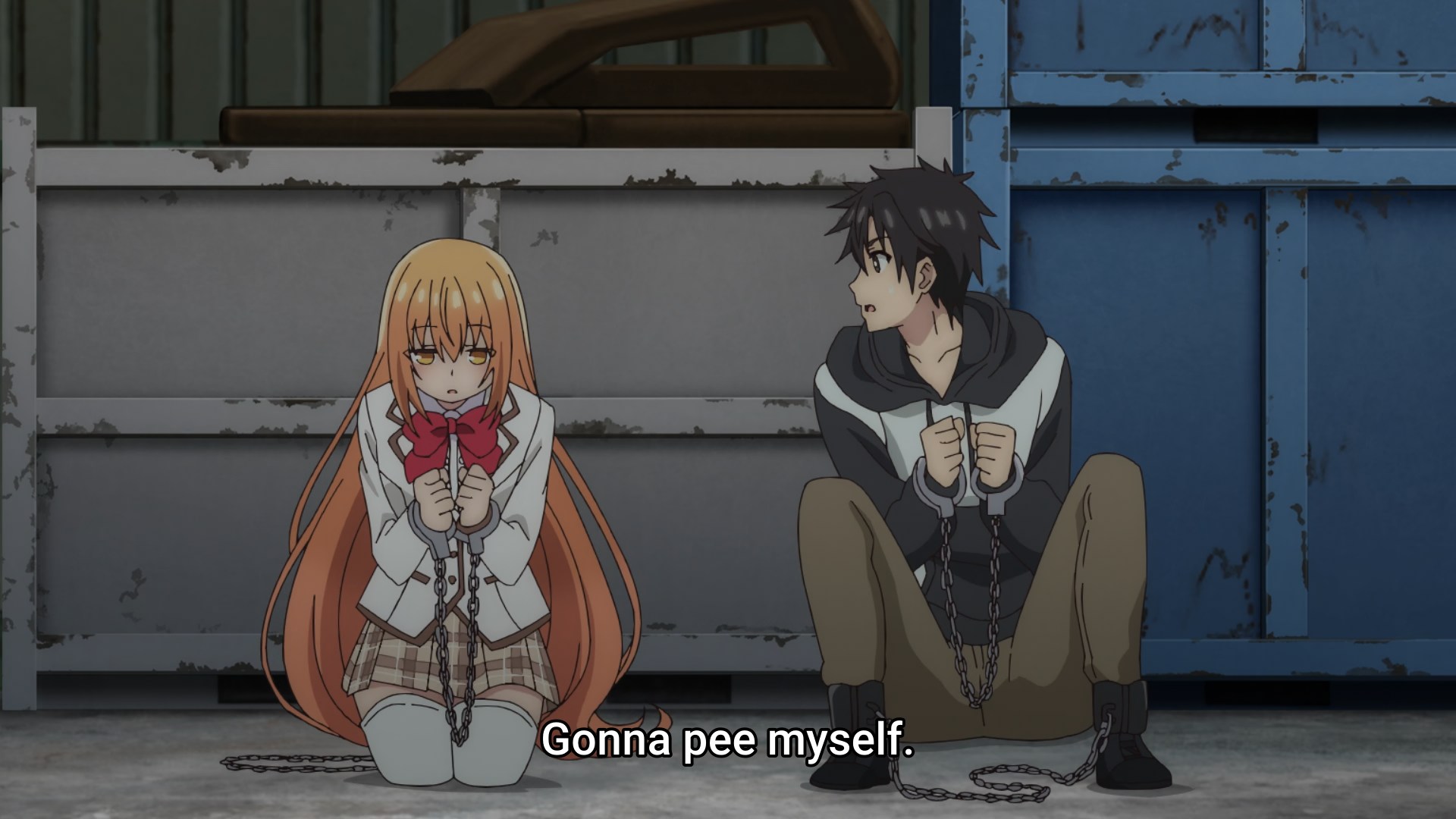 An anime girl tied up in chains saying she gonna pee herself to an also tied up anime boy